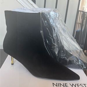 Nine West Black Suede Pointed Ankle Booties with Gold Heel
